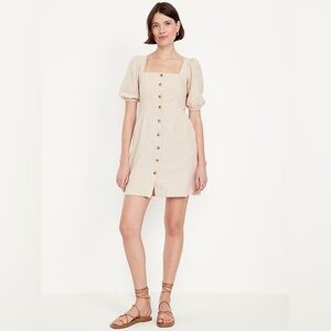 Old Navy Puff Sleeve Linen-Blend Mini Dress Tan Cream Size L NWT Fall Ready